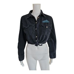 Easyriders Denim Embroidered Button Up Tie Front Long Sleeve Crop Top